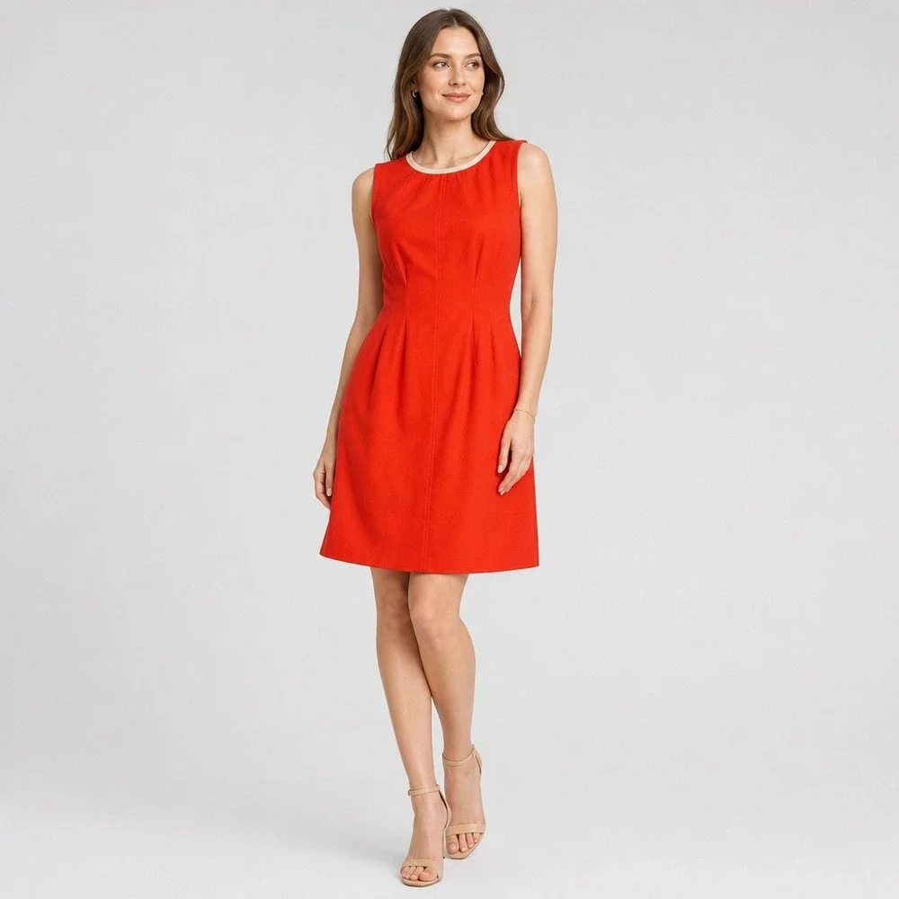 Anne Klein Sleeveless Sheath Dress Orange Red Textured Size 8‎ Cream Trim Office